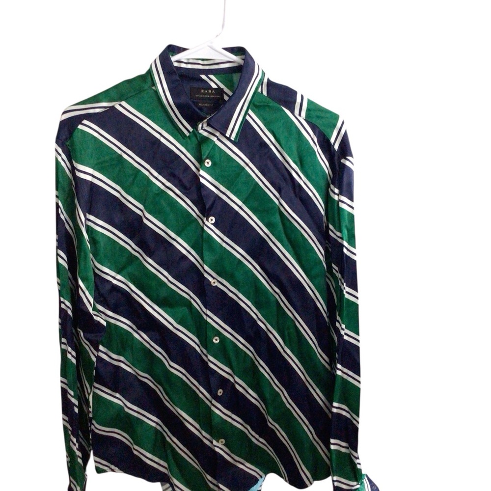 Zara Men's Green and Blue Striped Shirt
